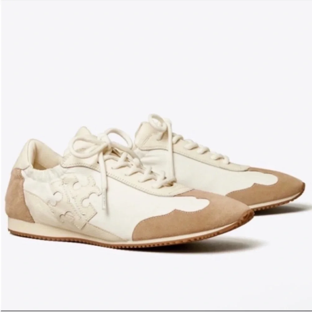 Tory Burch Ivory Tan Leather Suede Logo Lace Up Fashion Sneakers Designer 9.5